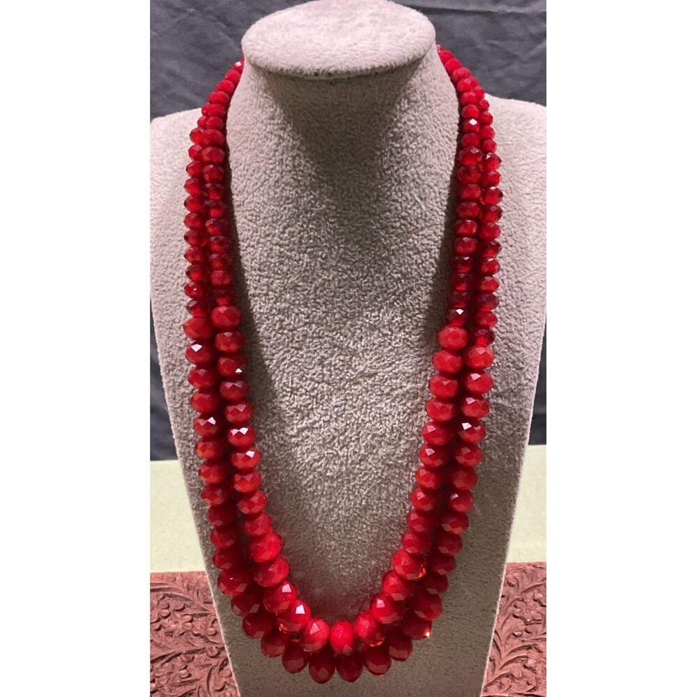 Double Strand Red Czech Glass Faceted Bead Necklace Lobster Claw Adjustable